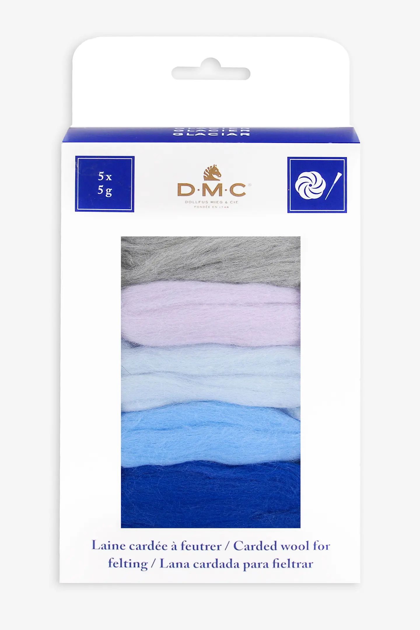 Lã cardada para feltragem, pack de 5 mechas glaciar