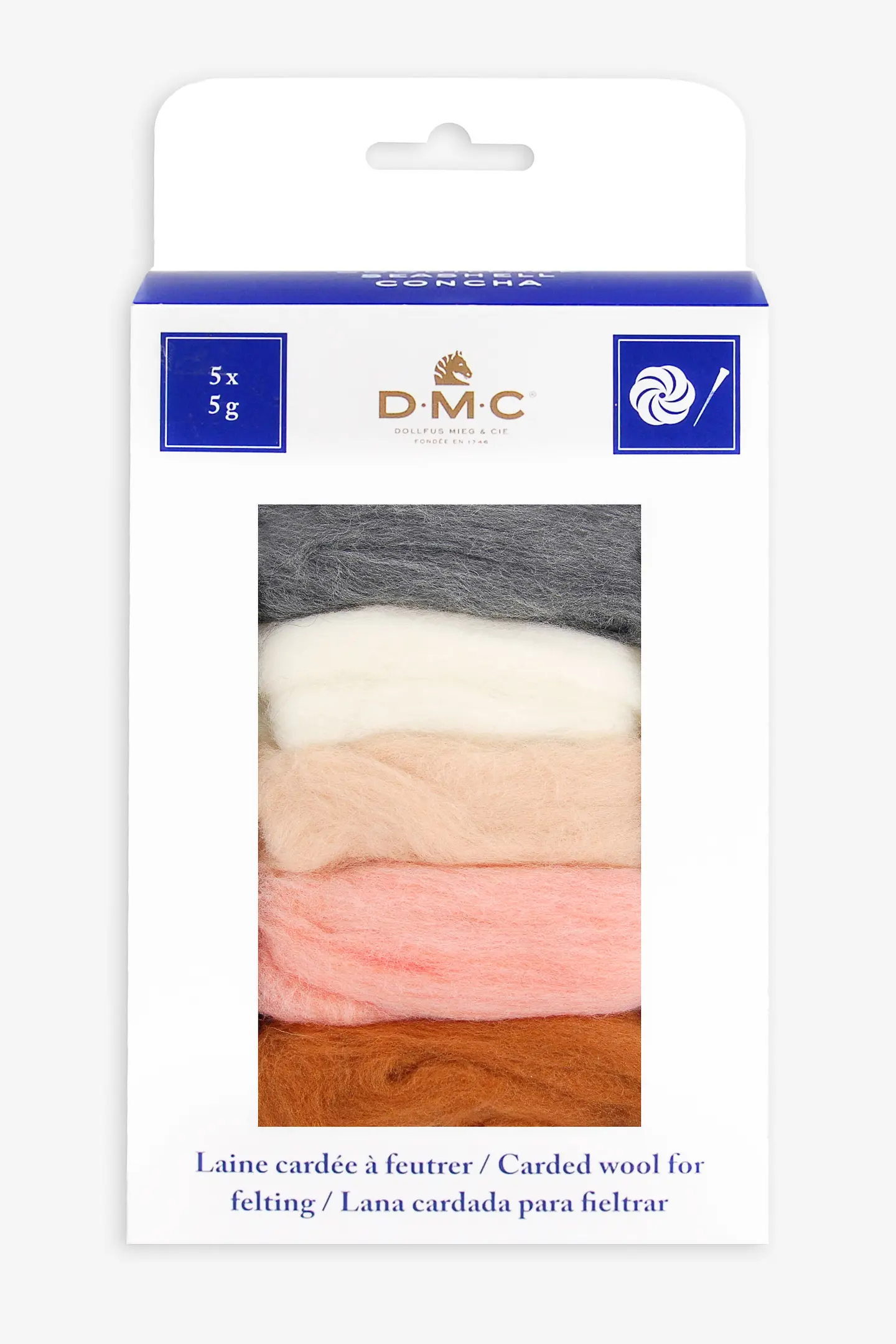 Lã cardada para feltragem, pack de 5 mechas - concha